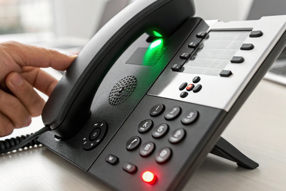 Close-up of a black IP desk phone as a hand lifts the handset, with green and red status LEDs lit on the phone.