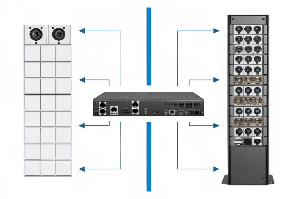 Central IP intercom controller connecting multiple door stations and audio modules in system diagram