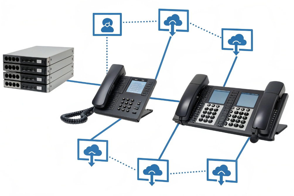 Diagram of a business phone system: stack of PBX/VoIP gateways connected to two multi-line desk phones and several cloud service icons.