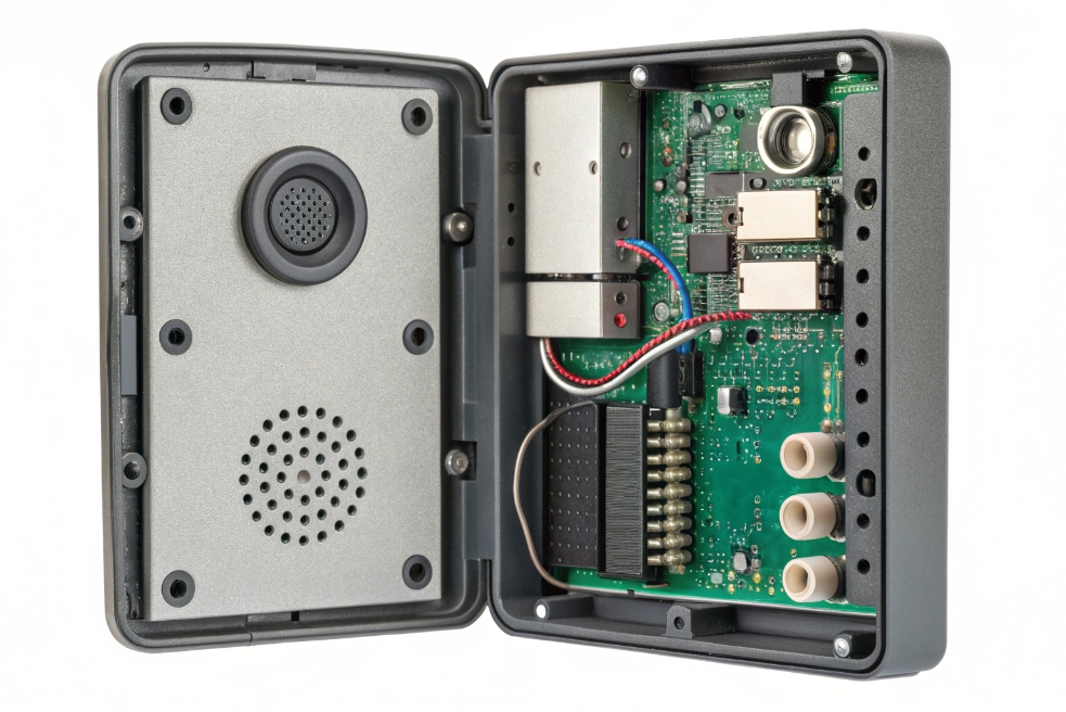 Opened industrial SIP intercom housing showing speaker module and PCB electronics