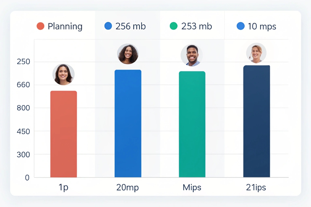 Bar chart comparing four users’ video-call performance metrics with avatars above each bar