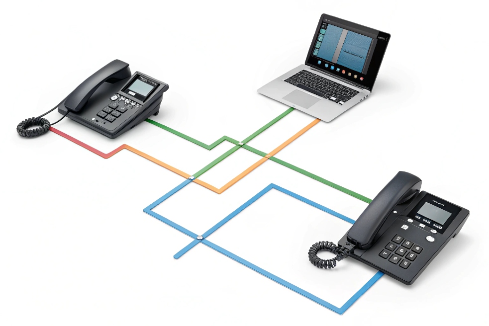 Two SIP desk phones and laptop connected by colored VoIP network paths
