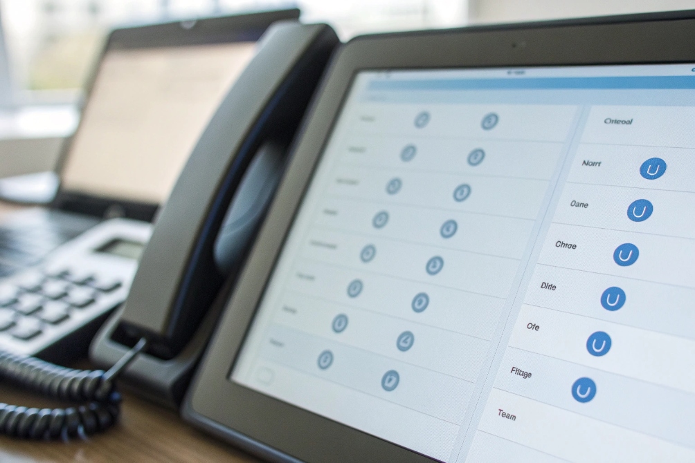 IP phone docked beside a touchscreen console showing a list of extensions and call controls in a modern office.