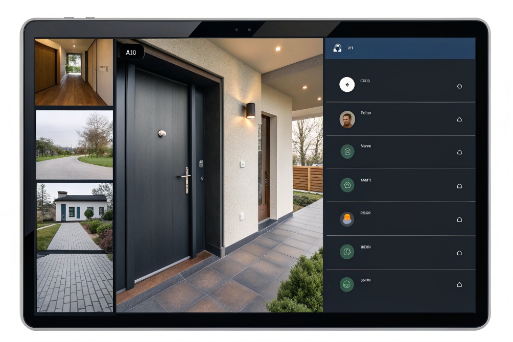 Tablet displaying multi view IP door camera monitoring and resident call list