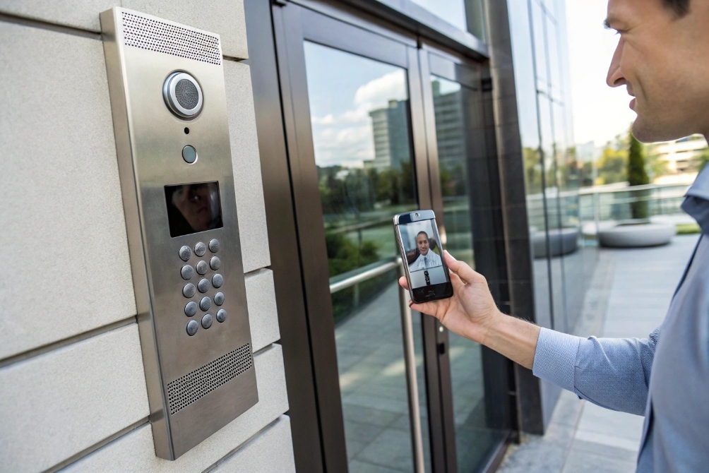 Businessman using smartphone for remote video entry through stainless steel SIP intercom at glass door