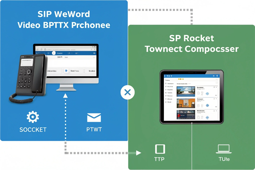 Diagram comparing SIP PBX softphone desktop interface with mobile control application