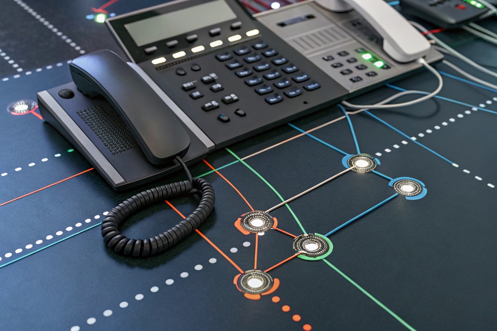 Black IP desk phone resting on a tabletop graphic of a network map with colored lines and circular connection nodes lit up.
