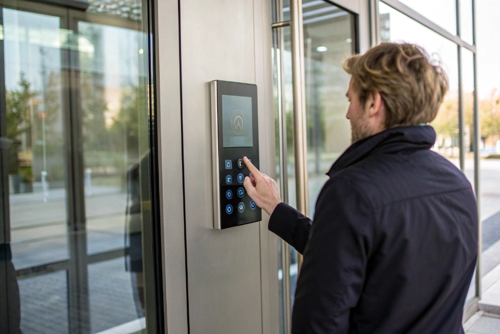 Person at glass entrance pressing button on sleek stainless touch keypad access panel