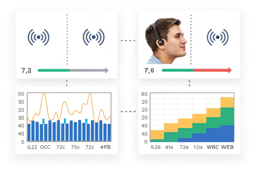 VoIP headset listening test dashboard with signal strength and MOS quality graphs