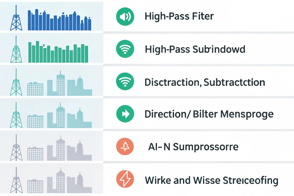 DSP noise suppression feature list including high pass filters and AI noise cancelling