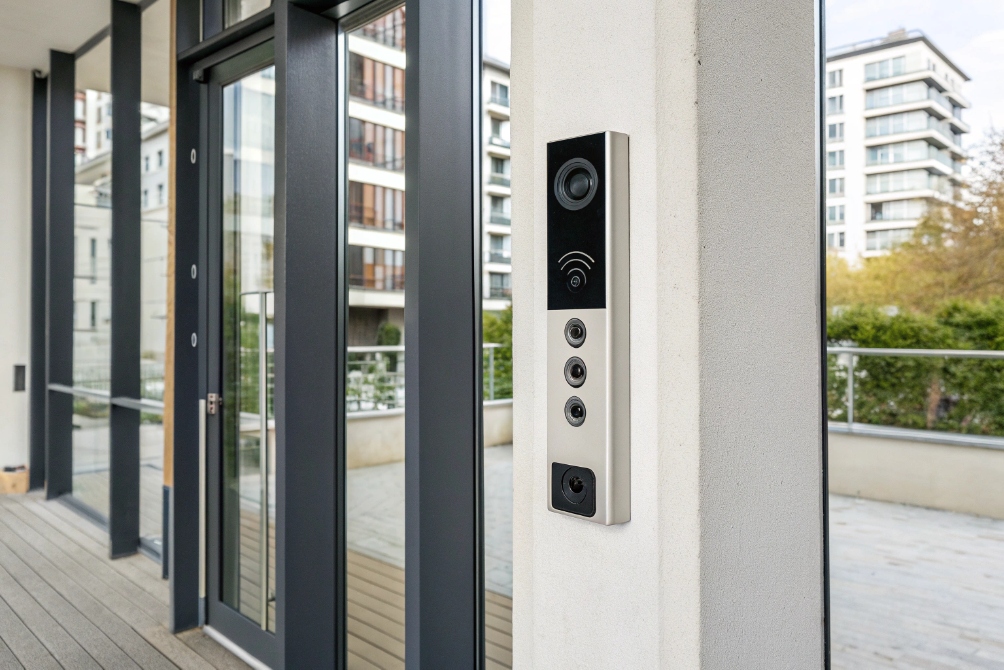Slim stainless IP video door station with camera and touch buttons mounted on pillar of modern apartment terrace