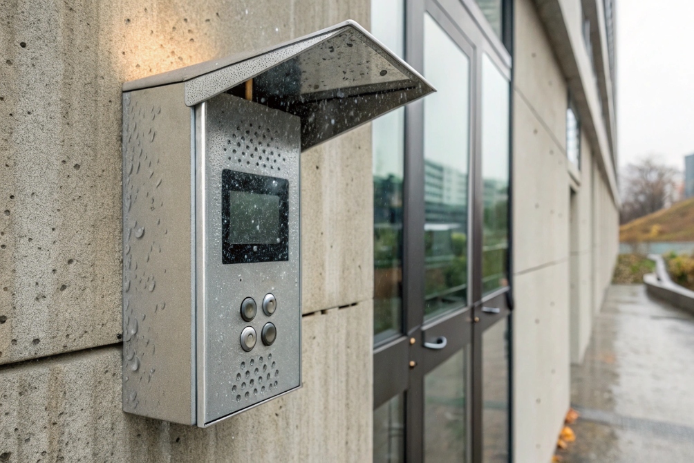 Rain-covered stainless steel door intercom with sun / rain hood mounted beside glass office doors
