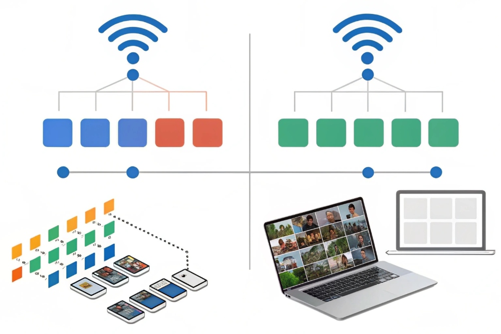 Diagram comparing two Wi-Fi distribution schemes with colored client blocks and laptops streaming many video thumbnails