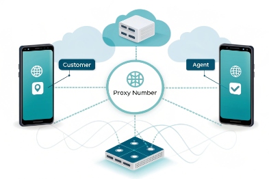 Diagram showing customer and agent calls routed through proxy number cloud platform
