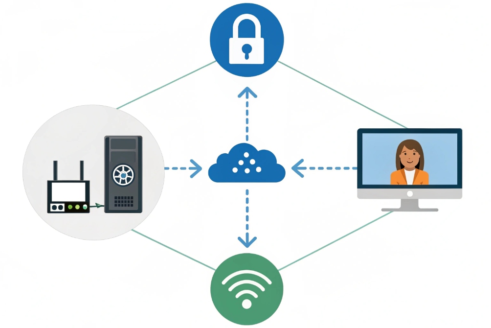 Cloud network diagram linking router/server, secure lock icon, Wi-Fi symbol and remote user at desktop PC