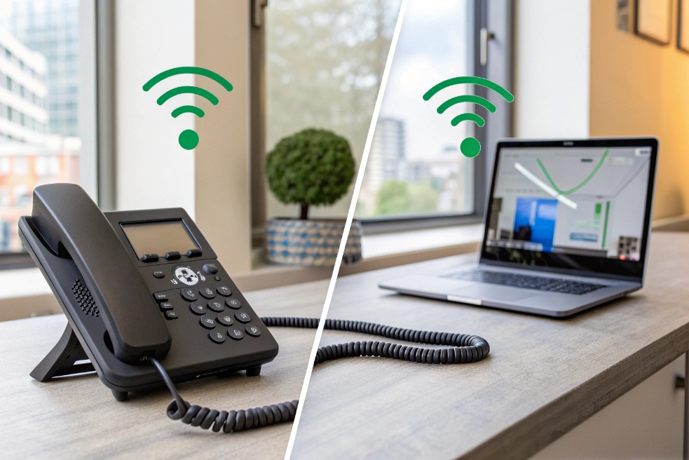 Split view of office IP desk phone and laptop on separate desks, each with Wi-Fi signal icon above them